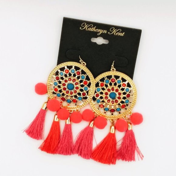 Katheryn Kent Jewelry - NWT Katheryn Kent Earrings Gold Tone Dream Catcher Pom Pom Tassel Hoops